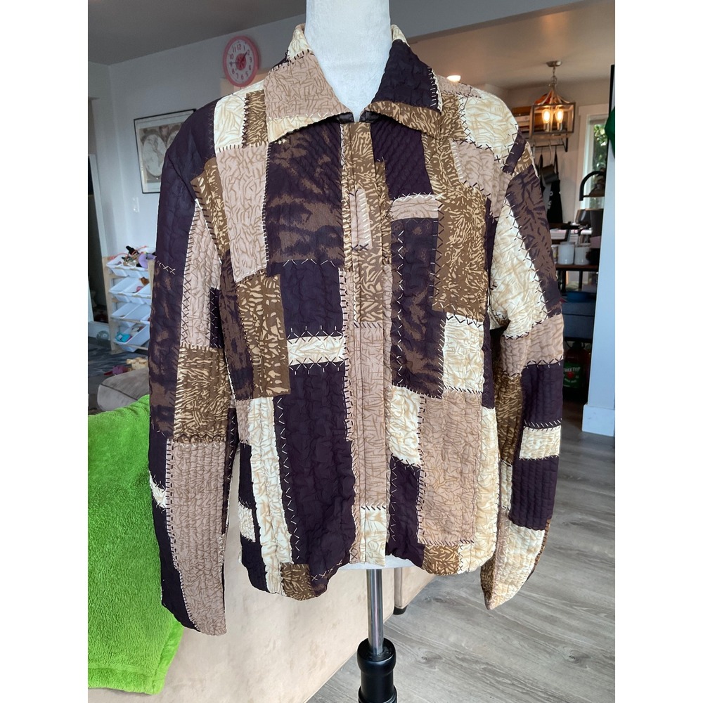 UBU Reversible Quilted Patchwork Jacket Brown Earth Tone Crinkle Zip Front L